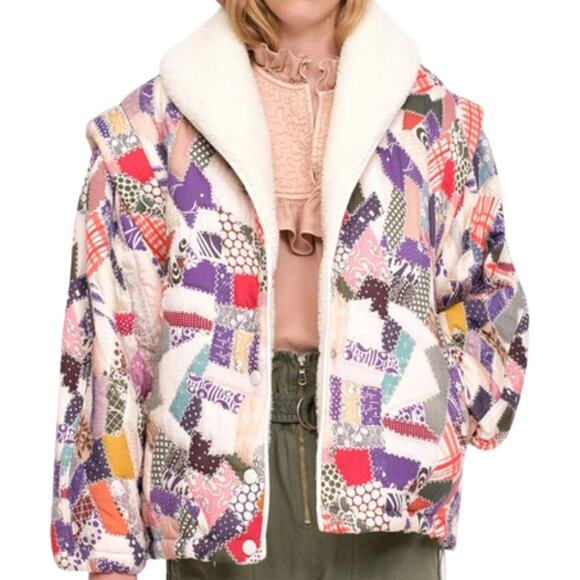 SEA NY Harlow Patchwork Faux Fur Puffer Jacket S NWT Quilted Boho Small